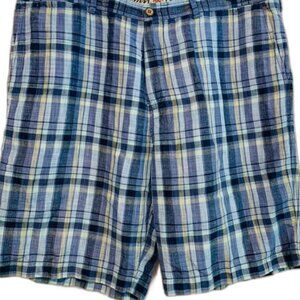 Tommy Bahama Paradise Nation blue plaid linen tencel shorts size 40
